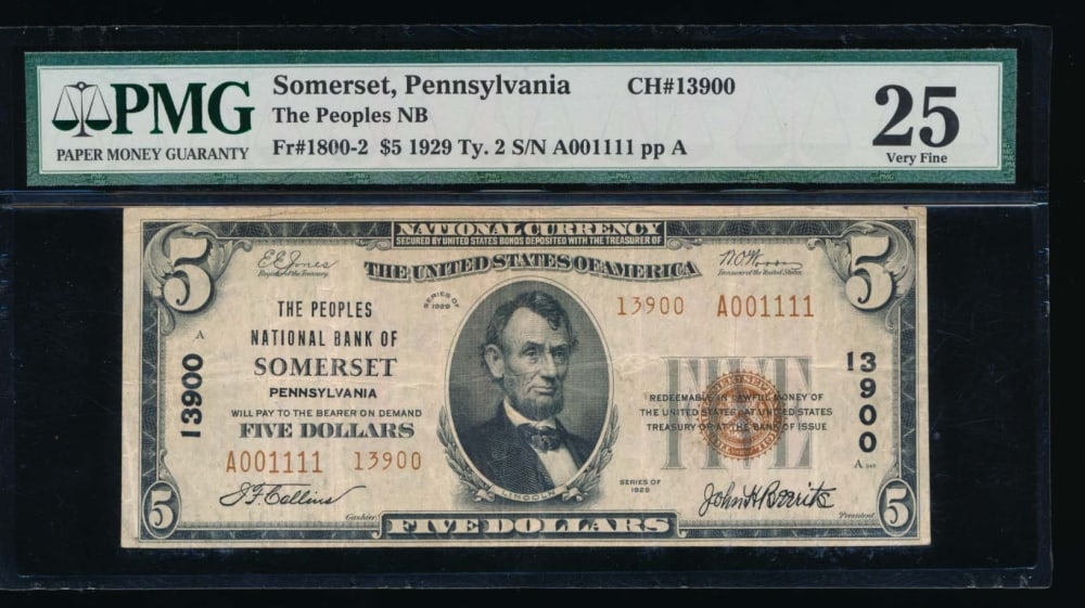 1929 $5 Somerset PA National PMG 25: One 1929 $5 Somerset PA National PMG 25.