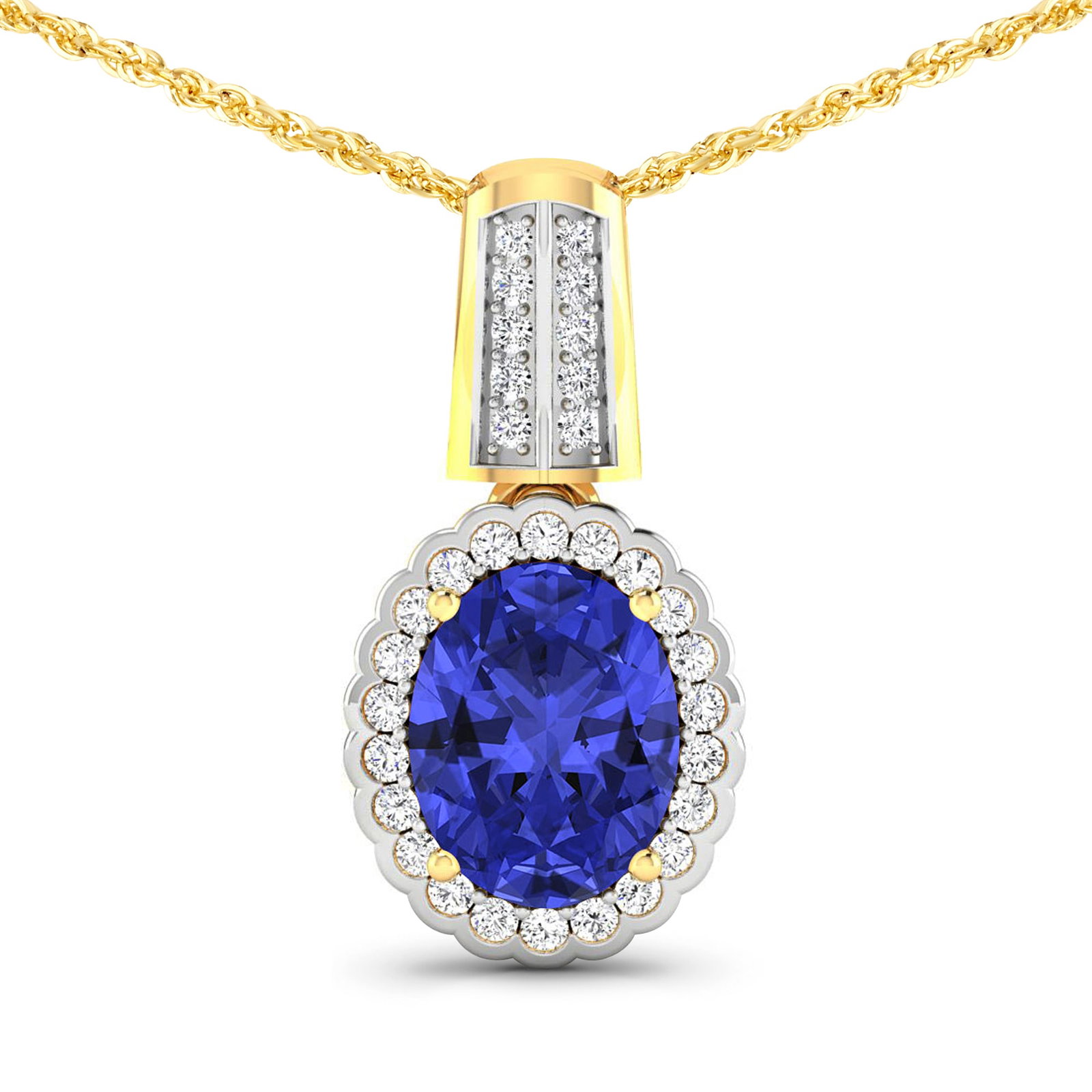 14KT Yellow Gold 1.6ctw Tanzanite and Diamond Pendant: Tanzanite (AA+) Oval 9x7mm 1Pc + White Diamond F/C Round 1.20mm 22Pcs + White Diamond F/C Round 1.00mm 10Pcs ( I1 I2/I color ) Total weight of gemstone is 1.6cts. Total Diamond weight is 0.22cts. Tota