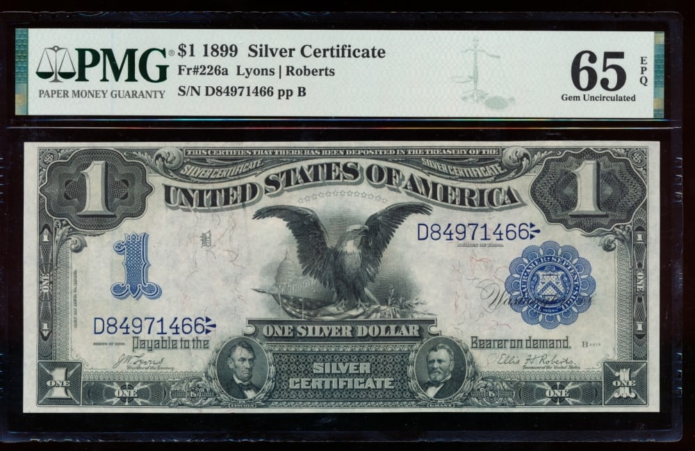 1899 $1 Black Eagle Silver Certificate PMG 65EPQ: One 1899 $1 Black Eagle Silver Certificate PMG 65EPQ.