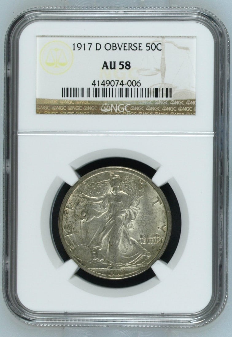1917-D Obverse Walking Liberty Half Dollar NGC AU58: One 1917 D Obverse Walking Liberty Half Dollar NGC AU58.