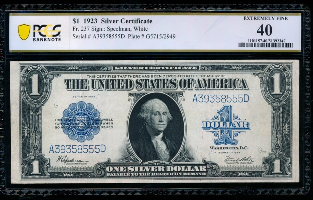 1923 $1 Silver Certificate PCGS 40: One 1923 $1 Silver Certificate PCGS 40.