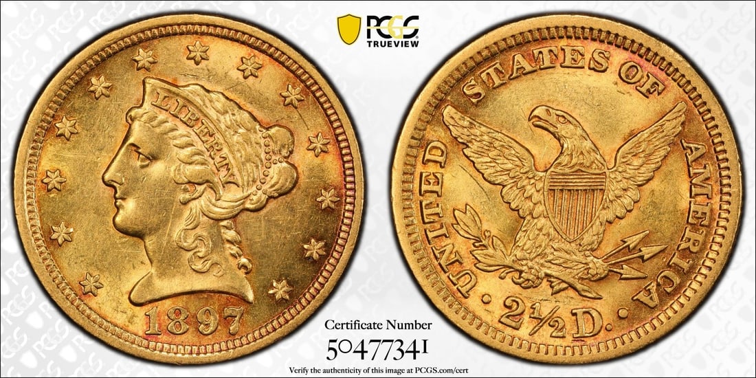 1897 $2.5 Liberty Head Quarter Eagle Gold Coin PCGS AU58: One 1897 $2.5 Liberty Head Quarter Eagle Gold Coin PCGS AU58.