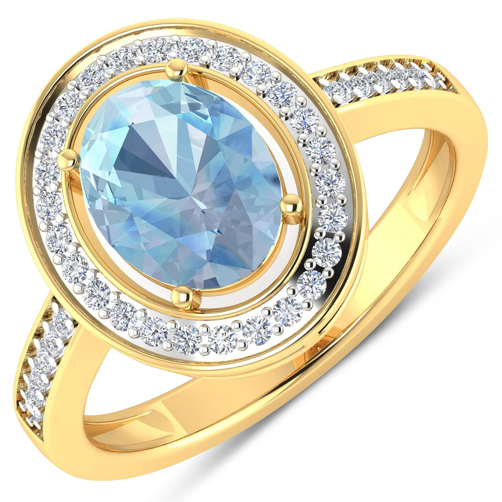 14KT Yellow Gold 1.28ctw Aquamarine and Diamond Ring: Aquamarine (AA+) Oval 9x7mm 1Pc + White Diamond F/C Round 1.10mm 26Pcs + White Diamond F/C Round 1.00mm 12Pcs ( White Pan Rhodium ) (I1 I2/I color) Total weight of gemstone is 1.28cts. Total Diamond