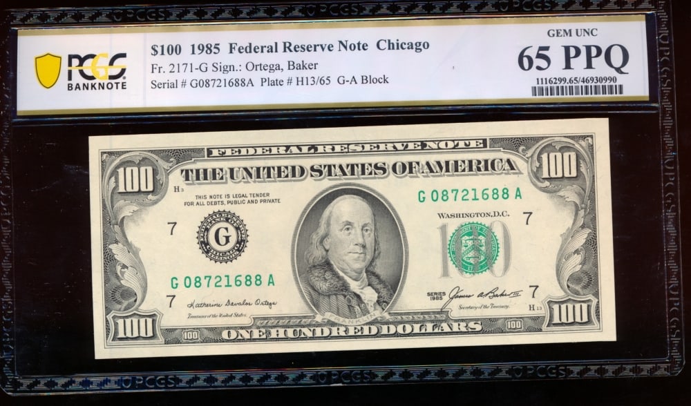1985 $100 Chicago FRN PCGS 65PPQ: One 1985 $100 Chicago FRN PCGS 65PPQ.