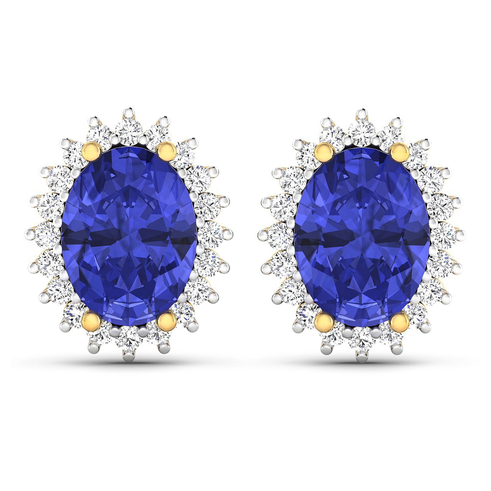 14KT Yellow Gold 2.18ctw Tanzanite and Diamond Earrings: (2) Tanzanite stones with a total weight of 2.18cts. (40) round Diamonds with a total weight of 0.26cts with a color of i and clarity of i1 i2. Total weight of these earrings are 2.81 grams.