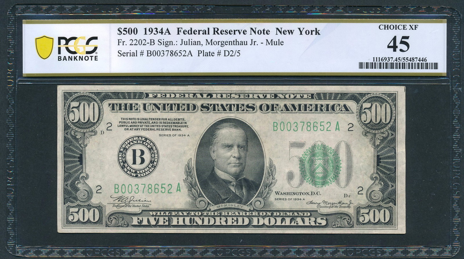 1934A $500 New York FRN PCGS 45: One 1934A $500 New York FRN PCGS 45.
