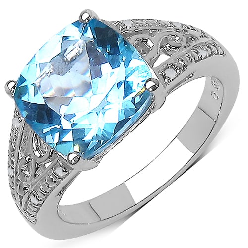 Sterling Silver 5.05ctw Blue Topaz and Diamond Ring: 10 mm natural cushion‑cut blue topaz (4.40 ctw) stands as the focal point of this rhodium‑plated .925 sterling silver solitaire ring, framed by eight round natural white diamon