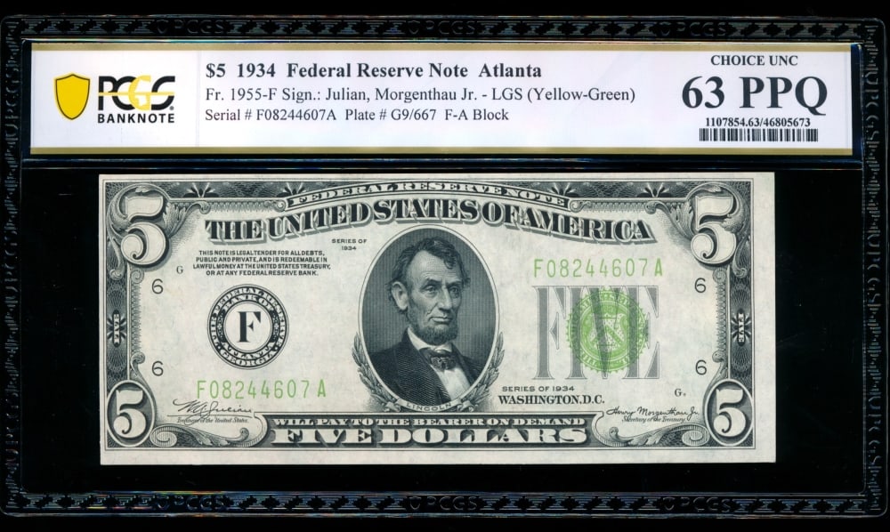 1934 $5 Atlanta FRN PCGS 63PPQ: One 1934 $5 Atlanta FRN PCGS 63PPQ.