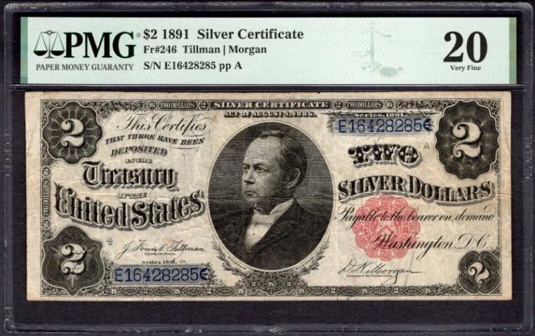 1891 $2 Silver Certificate PMG 20: One 1891 $2 Silver Certificate PMG 20.