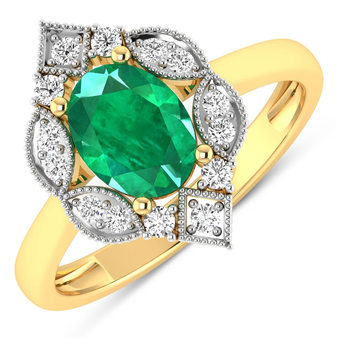 14KT Yellow Gold 1ctw Zambian Emerald and Diamond Ring: Zambian Emerald (AA) Oval 8x6mm - 1Pc + White Diamond F/C Round 1.50mm - 14Pcs ( White Pan Rhodium ) ( I1-I2/I color ) Total weight of gemstone is 1cts. Total Diamond weight is 0.2cts. Total weight