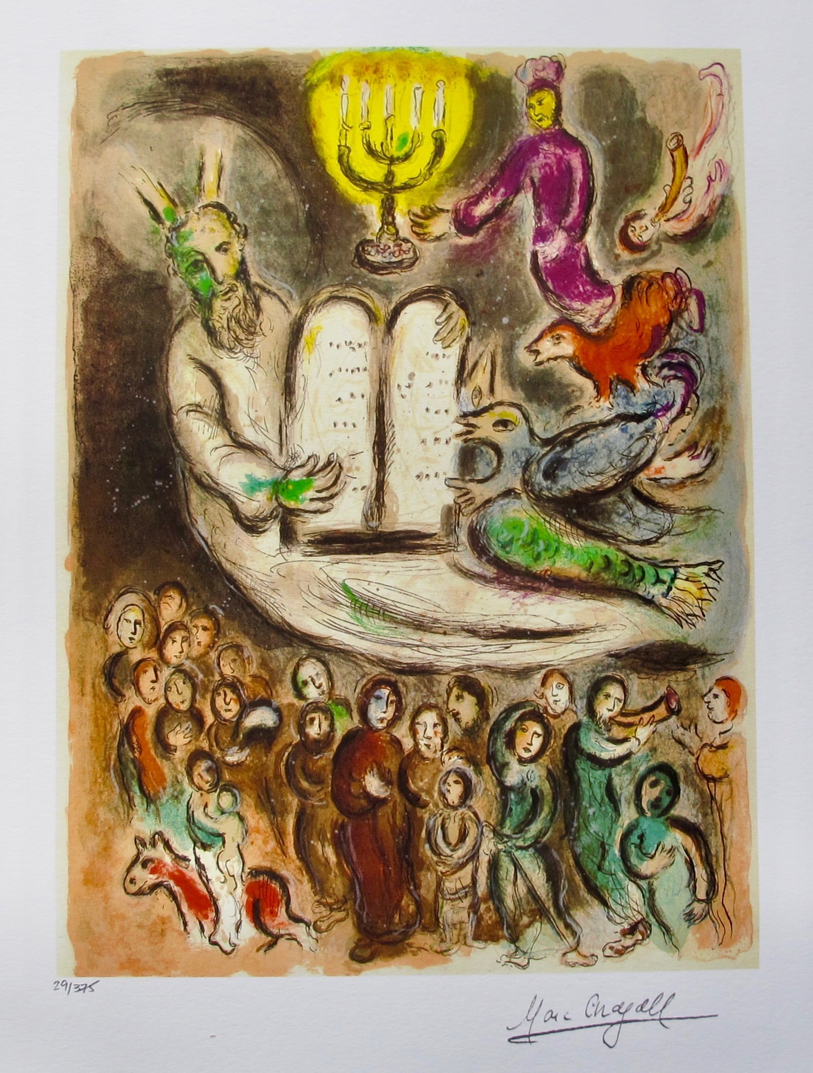 Marc Chagall MOSES AND THE TABLETS Limited Edition Facsimile Signed Giclee: This is a Marc Chagall limited edition small giclee titled MOSES AND THE TABLETS. This giclee is facsimile signed on the lower right and is pencil numbered on the lower left from an edition of 375.