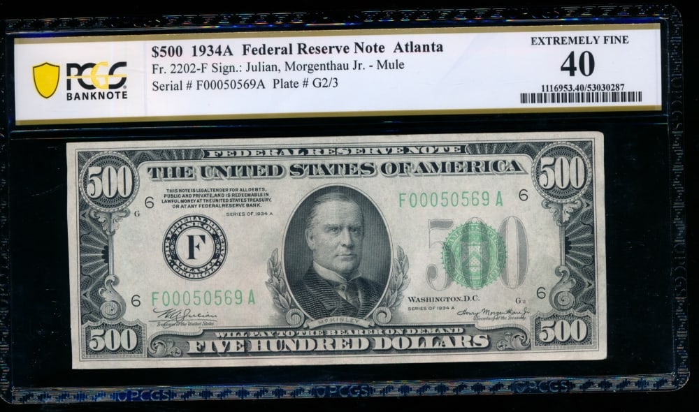 1934A $500 Atlanta FRN PCGS 40: One 1934A $500 Atlanta FRN PCGS 40.