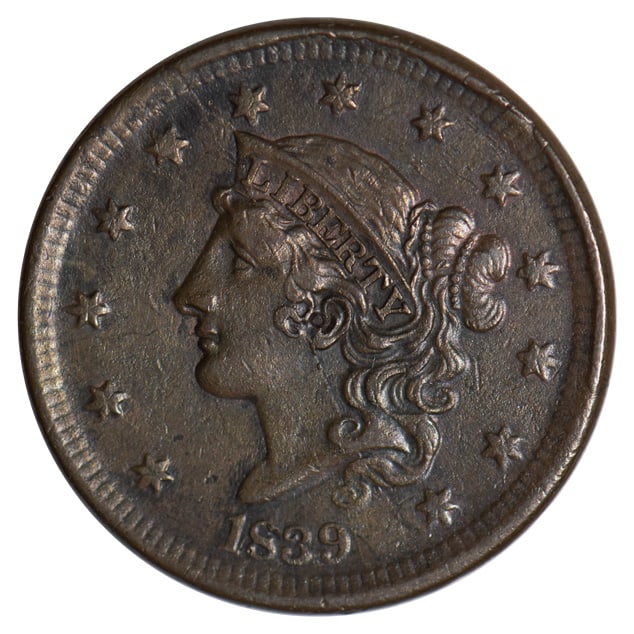 1839 Coronet Large Cent: One 1839 Coronet Large Cent.