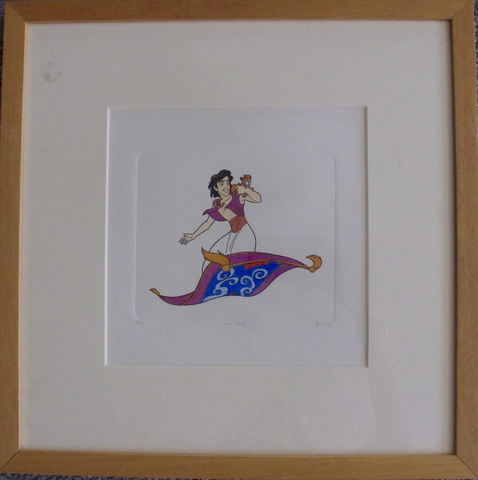Disney ALADDIN MAGIC CARPET Large Handmade L/E Etching Art Sowa & Reiser FRAMED: This is a hand made etching of Aladdin riding his Magic Carpet from the Walt Disney film Aladdin. Copyright by Walt Disney under license by Sowa & Reiser in 1998. This etching is pencil numbered from 