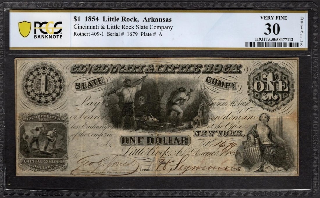 1854 $1 Little Rock AR Note PCGS 30 (1 of 2)
