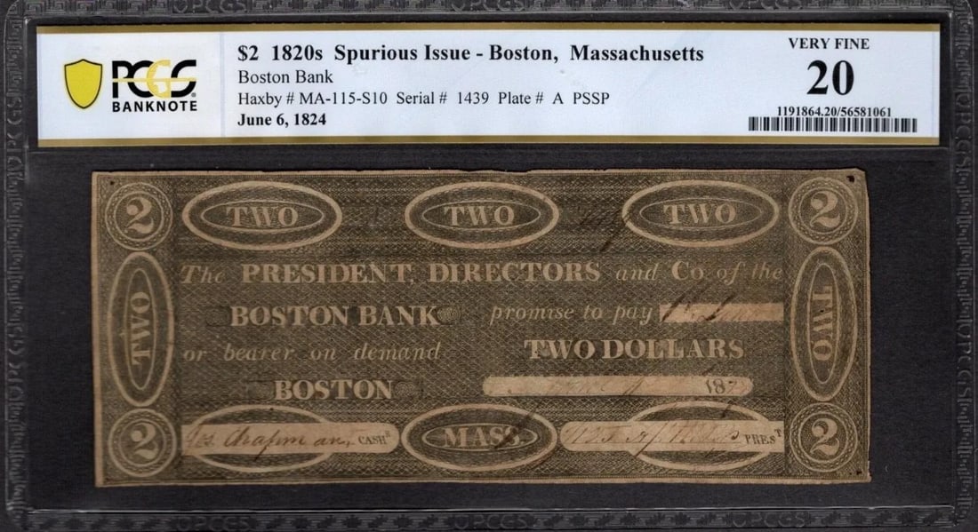 1820s $2 Boston MA Note PCGS 20 (1 of 2)