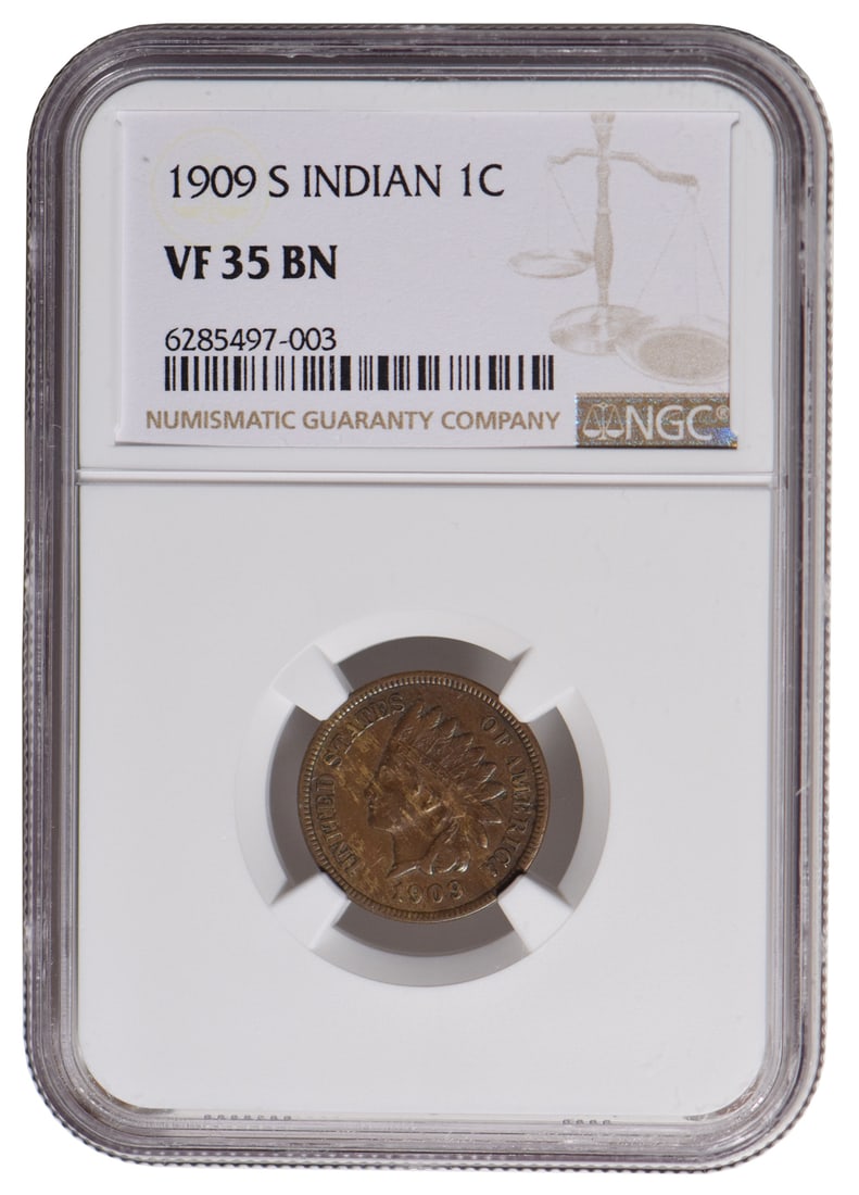 1909-S Indian Cent NGC VF35BN: One 1909-S Indian Cent NGC VF35BN.