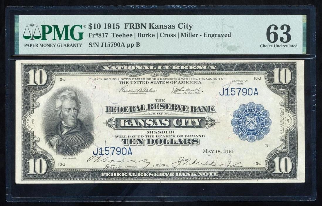 1915 $10 Kansas City FRBN PMG 63: One 1915 $10 Kansas City FRBN PMG 63.
