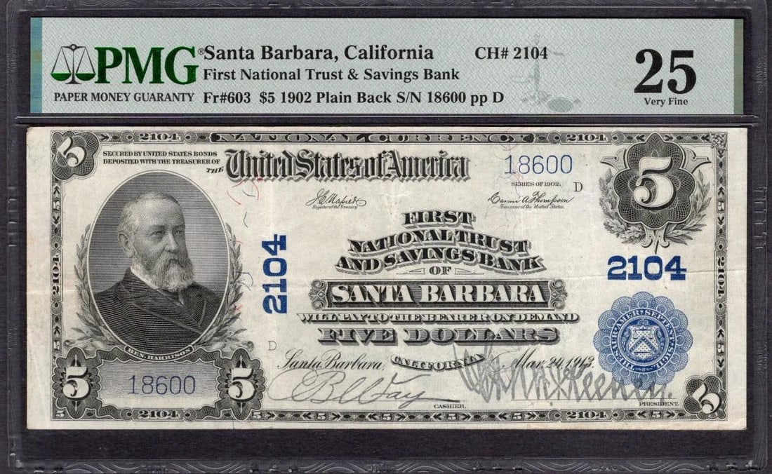 1902 $5 Santa Barbara CA National PMG 25 (1 of 2)