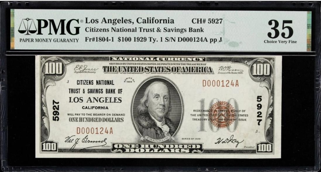 1929 $100 Los Angeles CA National PMG 35: One 1929 $100 Los Angeles CA National PMG 35.