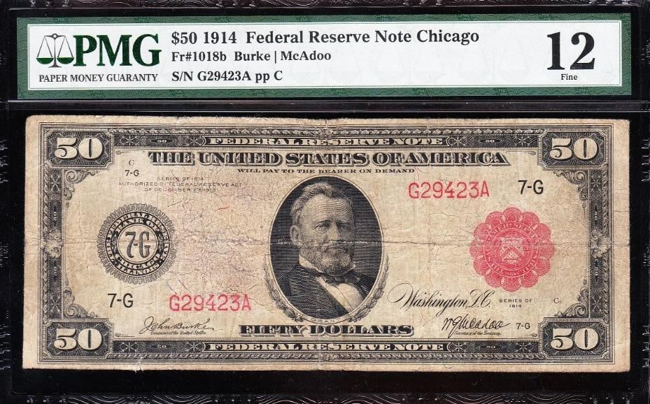 1914 $50 Red Seal Chicago FRN PMG 12: One 1914 $50 Red Seal Chicago FRN PMG 12.