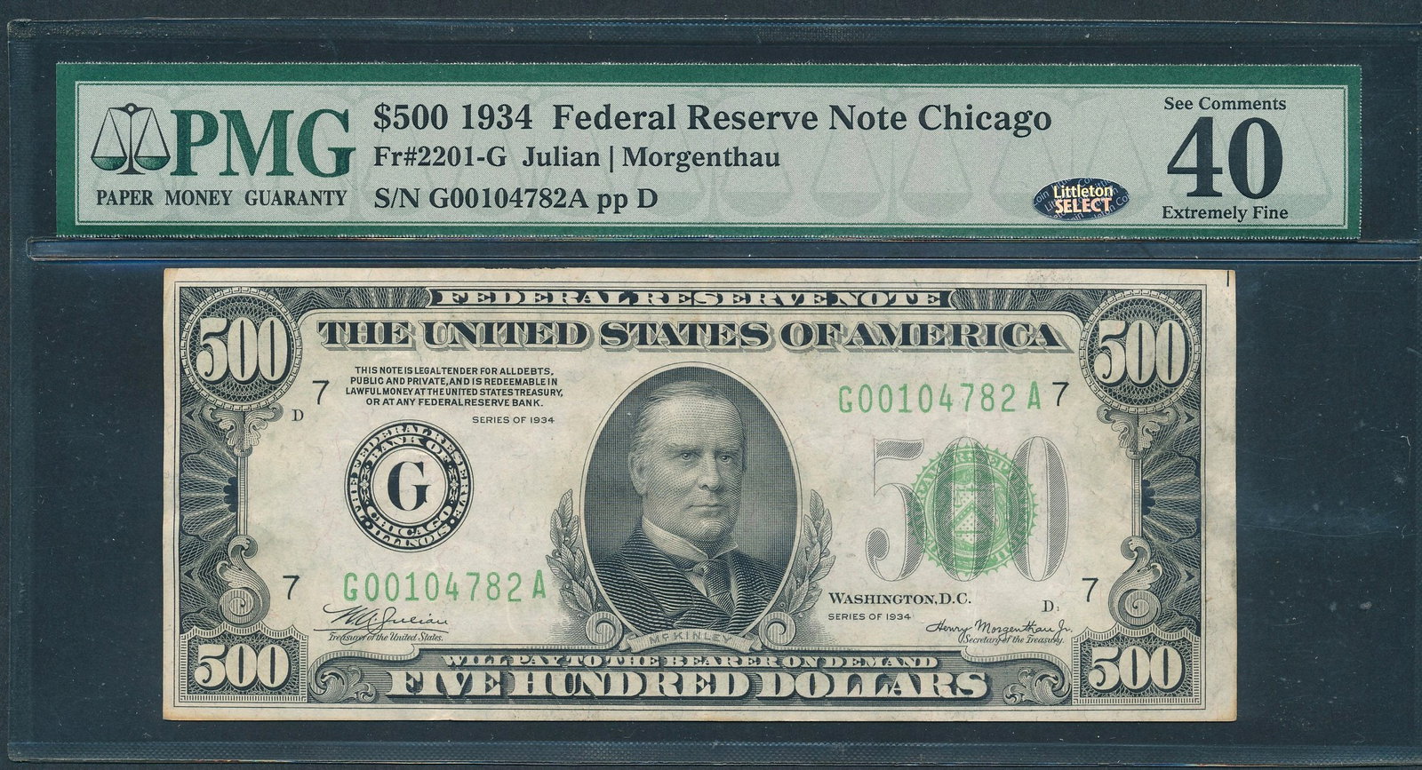 1934 $500 Chicago FRN PMG 40: One 1934 $500 Chicago FRN PMG 40.