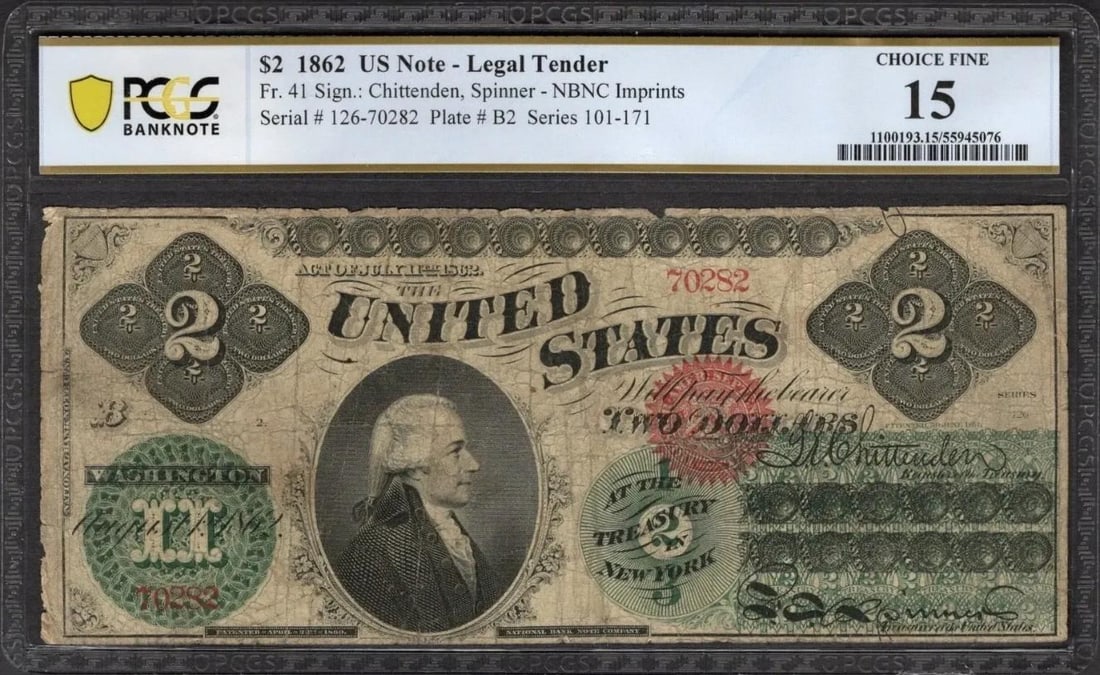 1862 $2 Legal Tender Note PCGS 15: One 1862 $2 Legal Tender Note PCGS 15.