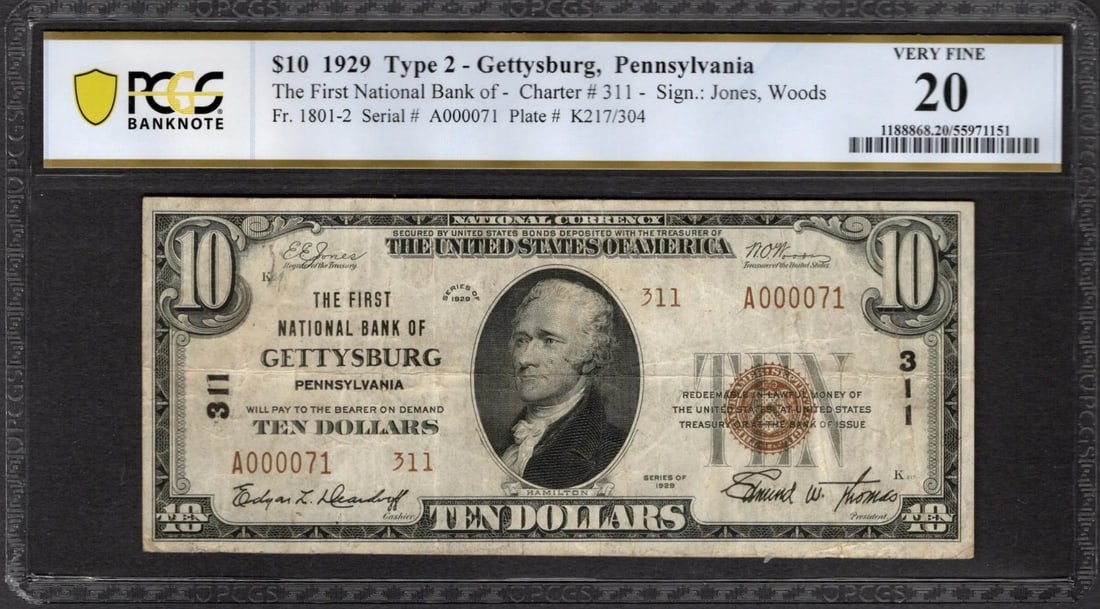 1929 $10 Gettysburg PA National PCGS 20: One 1929 $10 Gettysburg PA National PCGS 20.