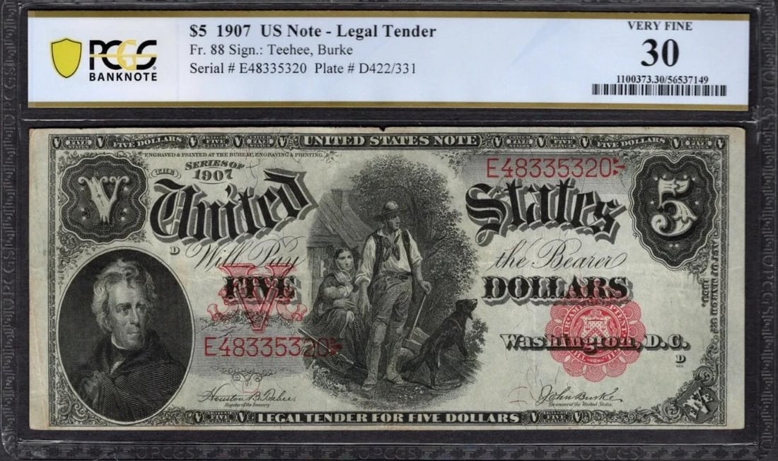1907 $5 Legal Tender Note PCGS 30: One 1907 $5 Legal Tender Note PCGS 30.
