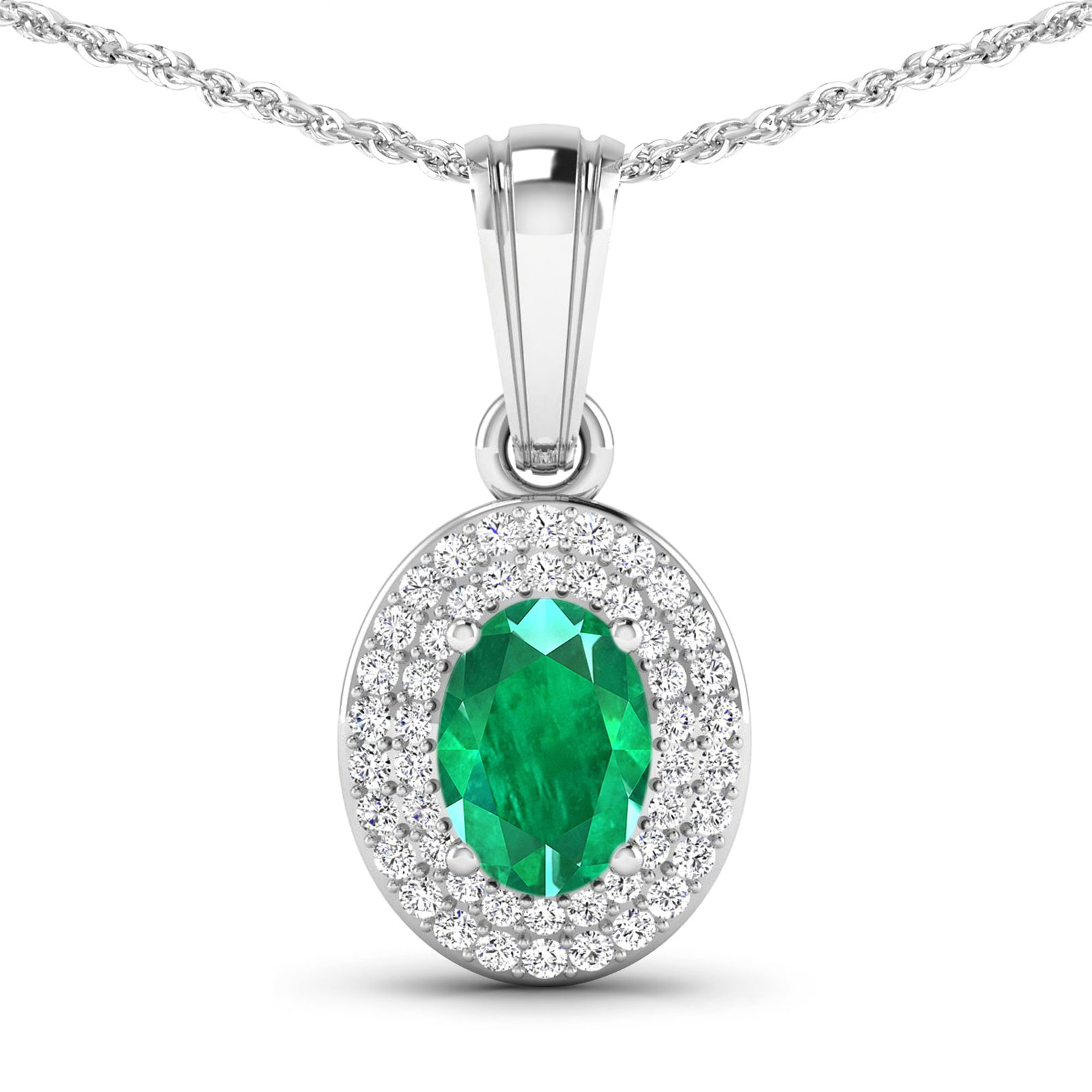 14KT White Gold 0.56ctw Zambian Emerald and Diamond Pendant: Zambian Emerald (AA) Oval 7x5mm - 1Pc + White Diamond F/C Round 0.90mm - 48Pcs (I1-I2/I color) Total weight of gemstone is 0.56cts. Total Diamond weight is 0.16cts. Total weight of this pendant is 1.4