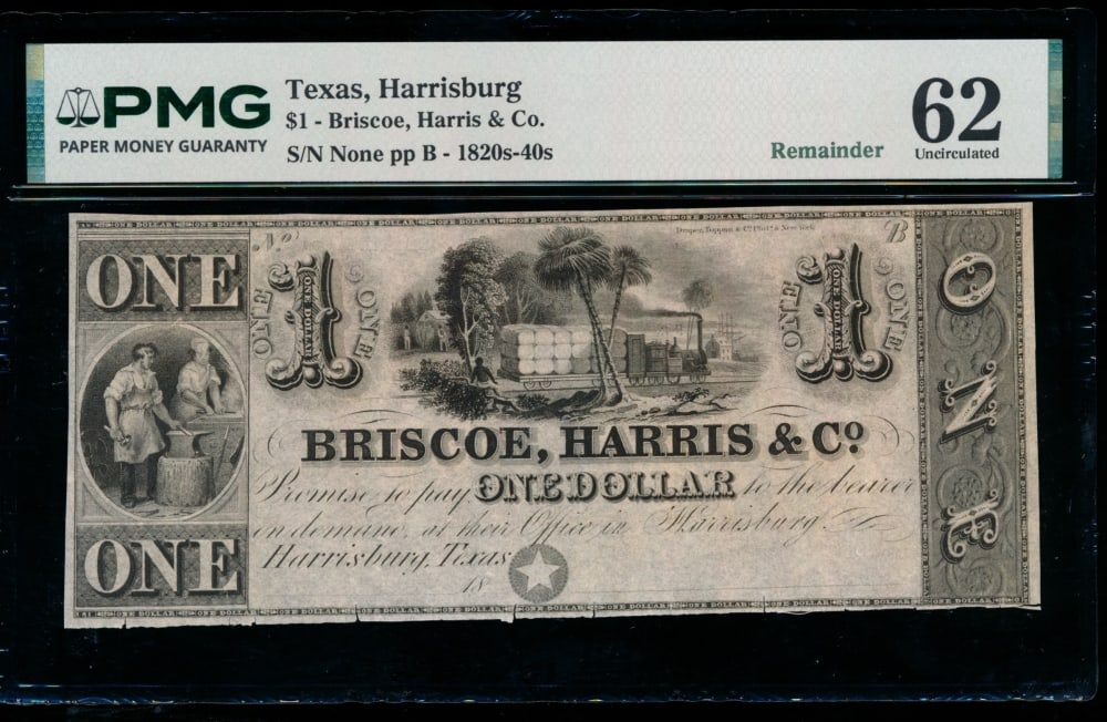 1820s $1 Harrisburg TX Obsolete PMG 62 (1 of 2)