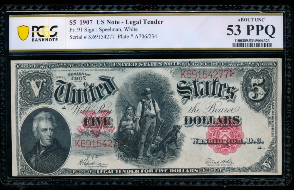 1907 $5 Legal Tender Note PCGS 53PPQ (1 of 2)