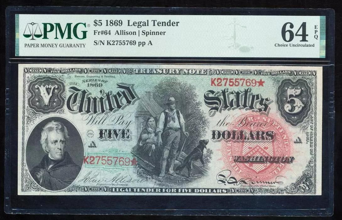 1869 $5 Rainbow Legal Tender Note PMG 64EPQ: One 1869 $5 Rainbow Legal Tender Note PMG 64EPQ.