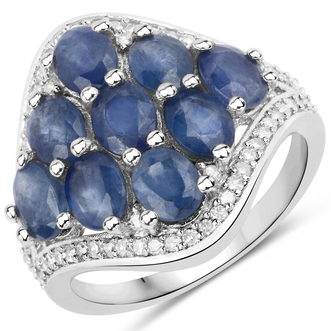 Rhodium Plated 3.40ctw Blue Sapphire and Diamond Ring: Nine 5x4mm oval blue sapphires (3.06ctw) forms the center of this rhodium?plated .925 sterling silver cluster ring, accented by sixty two 1.00mm round white diamonds (0.34ctw) for a total of 3.40ctw a