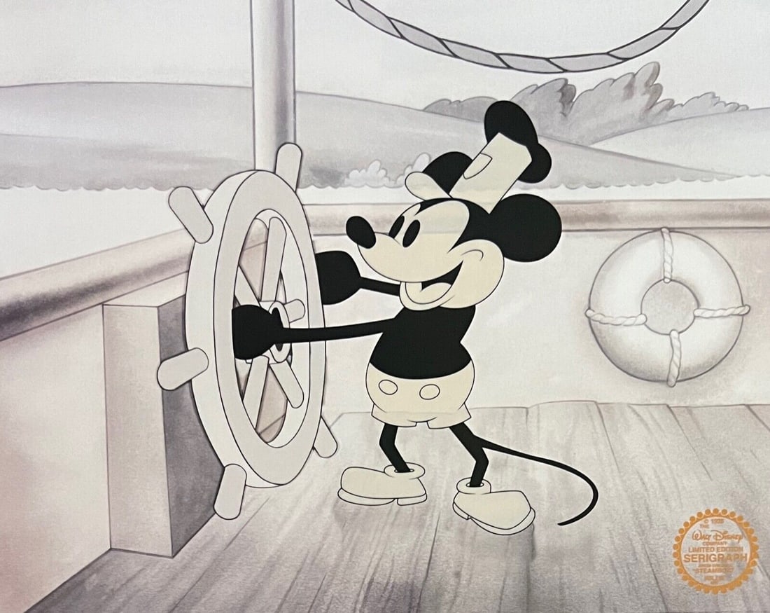 Disney Steamboat Willie Mickey Mouse Limited Edition Sericel: This is a Limited Edition Serigraph Cel of Mickey Mouse from Steamboat Willie. From 1928 Walt Disney Studios ? Steamboat Willie. Disneys own artists have selected this scene from the original animatio