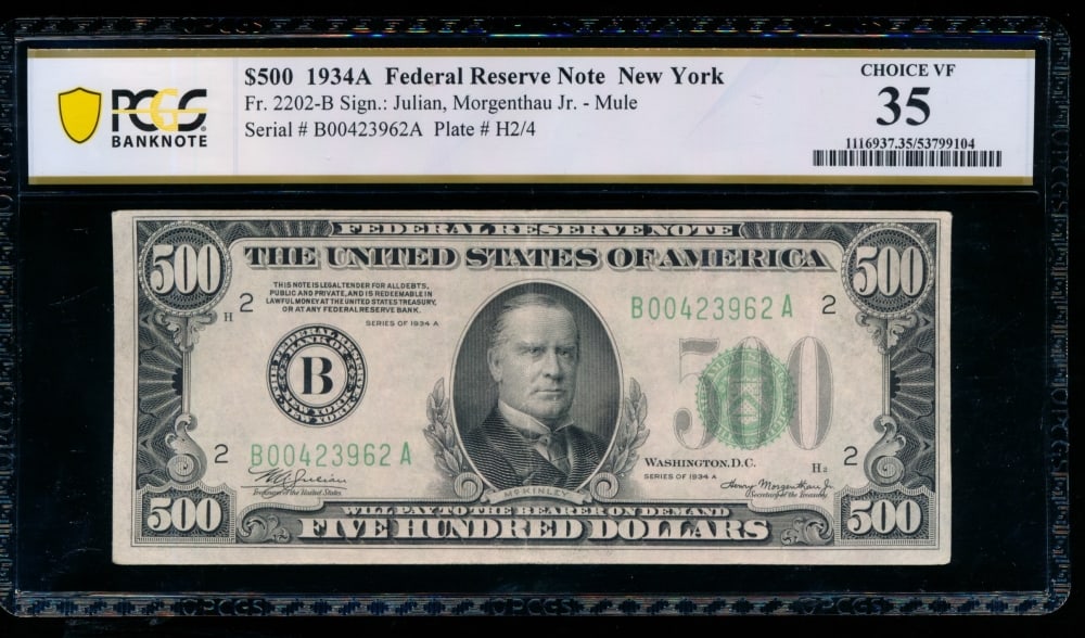 1934A $500 New York FRN PCGS 35: One 1934A $500 New York FRN PCGS 35.