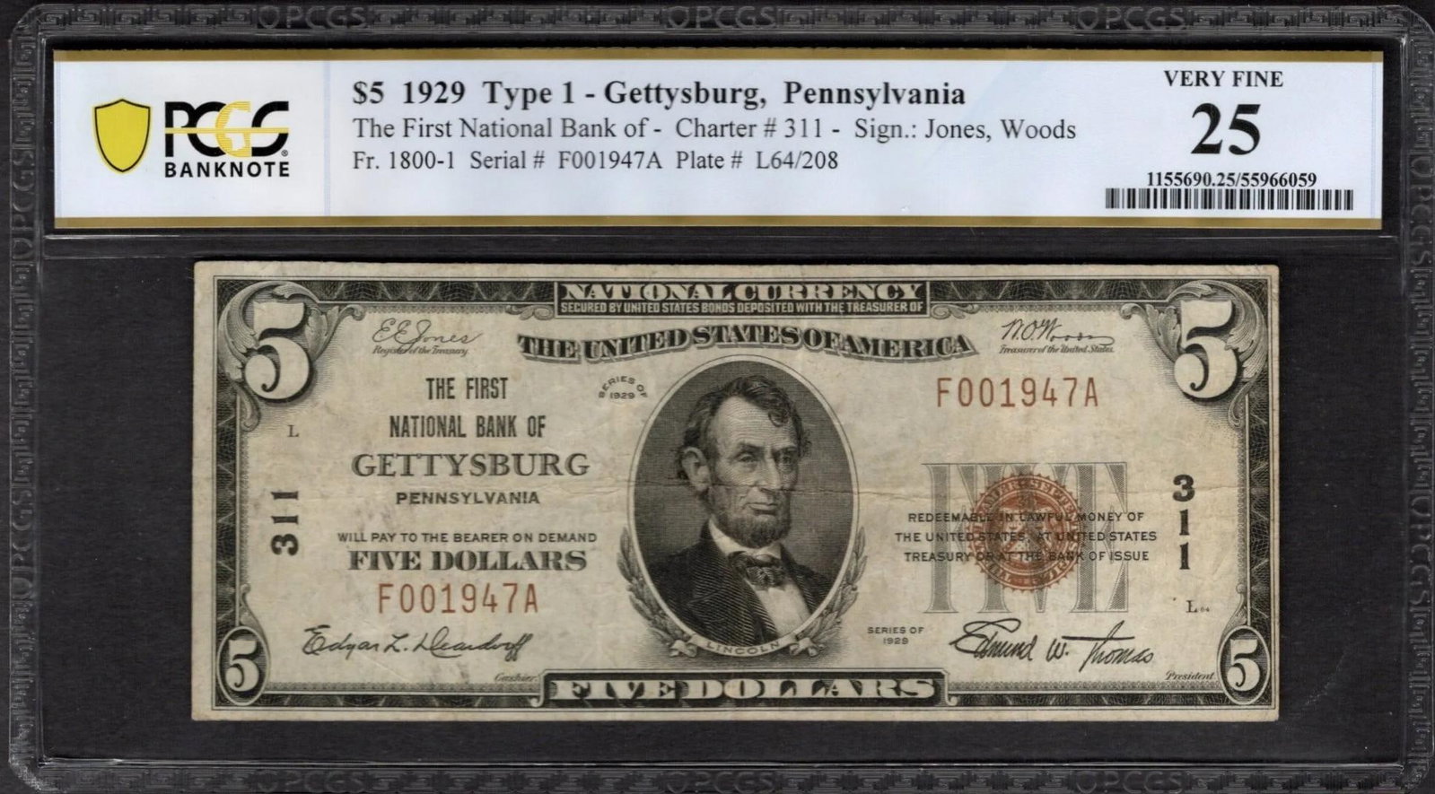 1929 $5 Gettysburg PA National PCGS 25 (1 of 2)