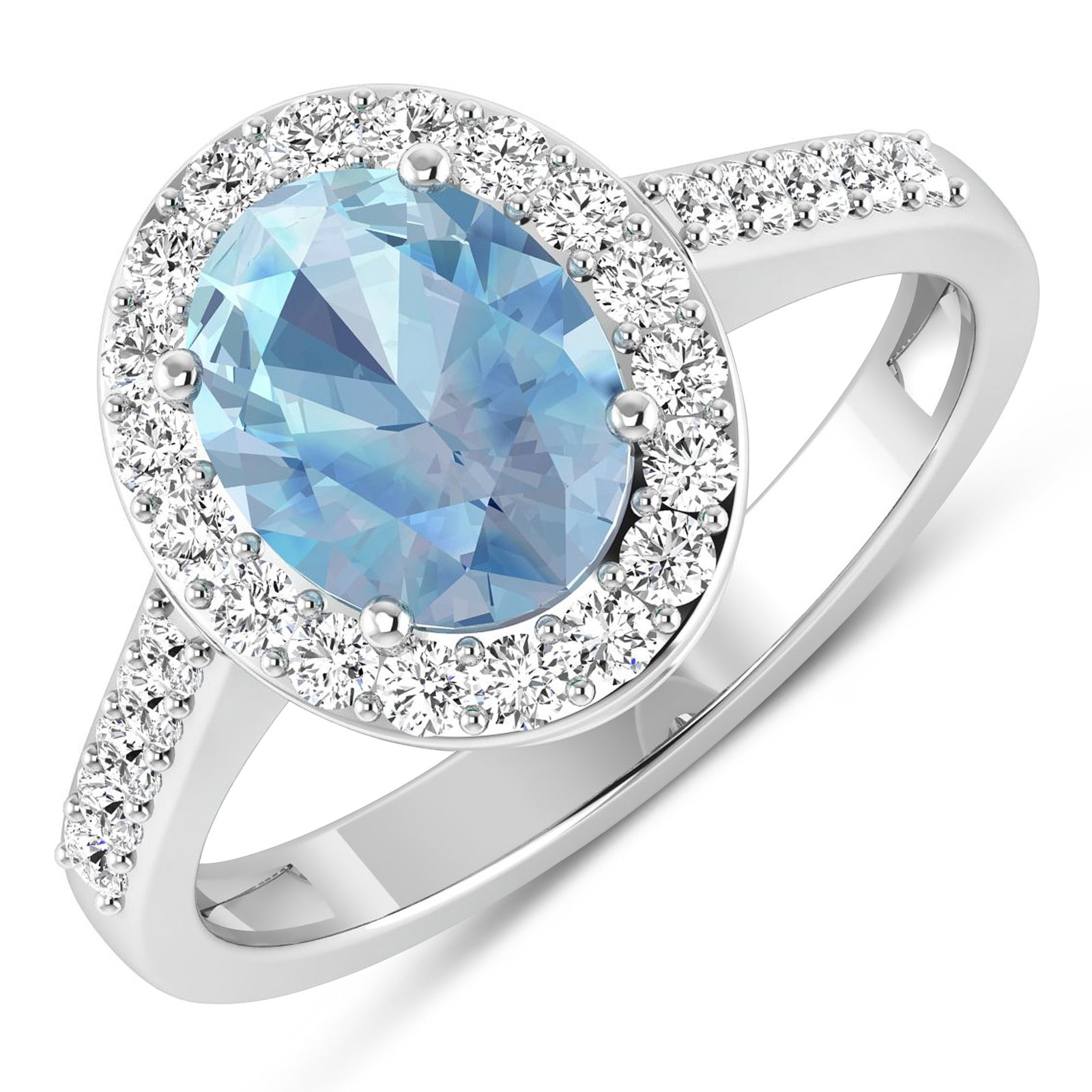 14KT White Gold 1.28ctw Aquamarine and Diamond Ring: Aquamarine (AA+) Oval 9x7mm - 1Pc + White Diamond F/C Round 1.50mm - 28Pcs ( SI-2/HI ) Total weight of gemstone is 1.28cts. Total Diamond weight is 0.39cts. Total weight of this ring is 2.64 grams.