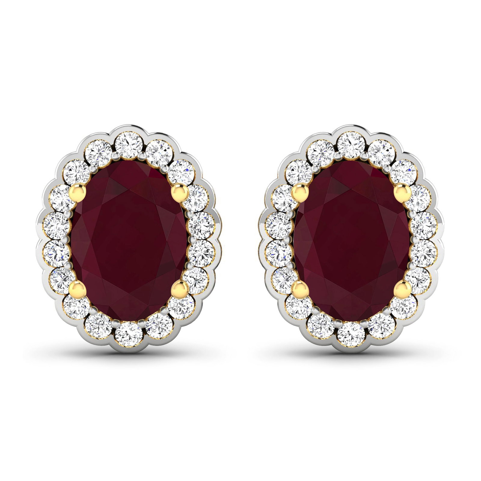 14KT Yellow Gold 1.7ctw Ruby and Diamond Earrings: Ruby (AA) Oval 7x5mm - 2Pcs + White Diamond F/C Round 1.20mm - 36Pcs ( White Pan Rhodium ) (I1-I2/I color) ( Push Post ) Total weight of gemstones is 1.7cts. Total Diamond weight is 0.28cts. Total wei