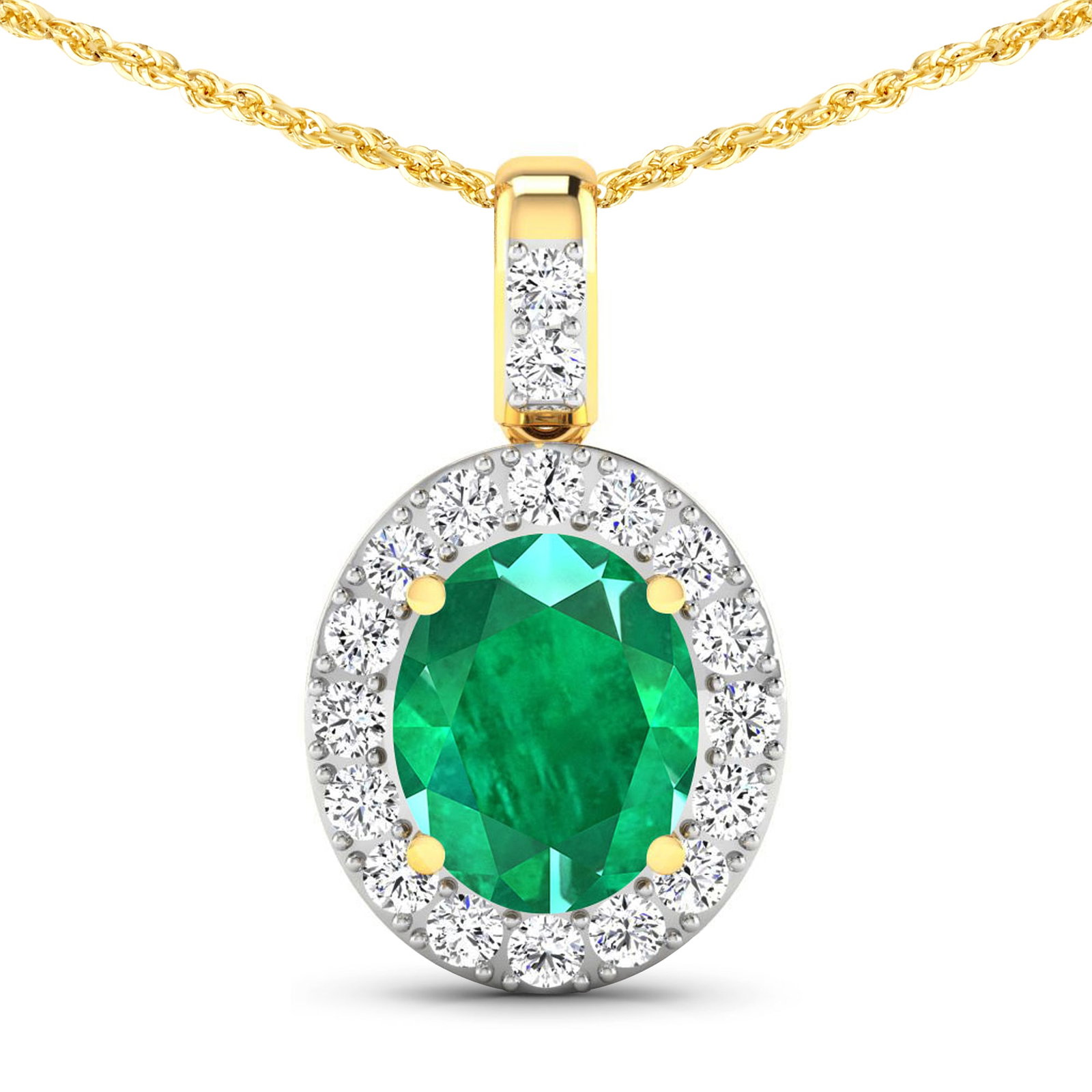 14KT Yellow Gold 2.15ctw Zambian Emerald and Diamond Pendant: Zambian Emerald (AA) Oval 10x8mm - 1Pc + White Diamond F/C Round 2.00mm - 18Pcs ( Diamond Quality : SI-2/HI ) Total weight of gemstone is 2.15cts. Total Diamond weight is 0.54cts. Total weight of this