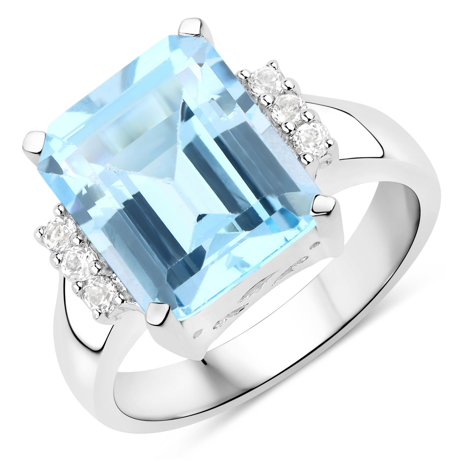 Sterling Silver 4.89ctw Blue and White Topaz Ring: A natural 12×10?mm octagon?cut blue topaz (4.70?ctw) forms the center of this rhodium?plated .925 sterling silver bridge ring, paired with six round natural white topaz accents (1.80?mm, 0.19?ctw