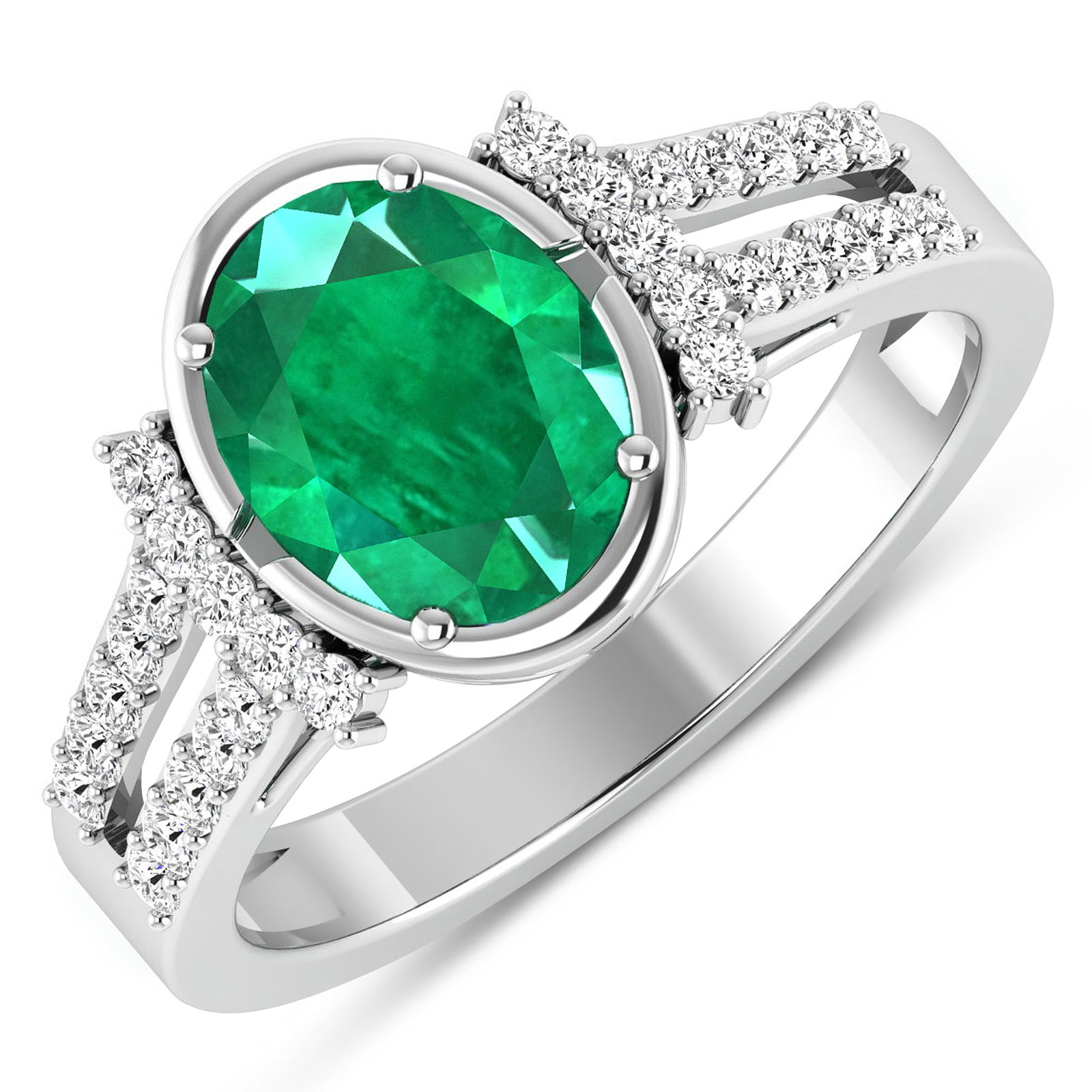 14KT White Gold 1.53ctw Zambian Emerald and Diamond Ring: Zambian Emerald (AA) Oval 9x7mm - 1Pc + White Diamond F/C Round 1.30mm - 30Pcs ( SI-2/HI ) Total weight of gemstone is 1.53cts. Total Diamond weight is 0.3cts. Total weight of this ring is 3.22 grams.
