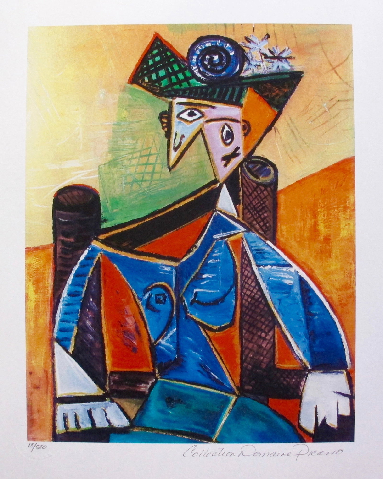 Pablo Picasso SEATED WOMAN IN ARMCHAIR Estate Signed Limited Edition Giclee: This is a PABLO PICASSO (ESTATE COLLECTION DOMAINE) (1881-1973) small giclee titled SEATED WOMAN IN ARMCHAIR. This piece is pencil signed on the lower right as Collection Domaine Picasso and has an em