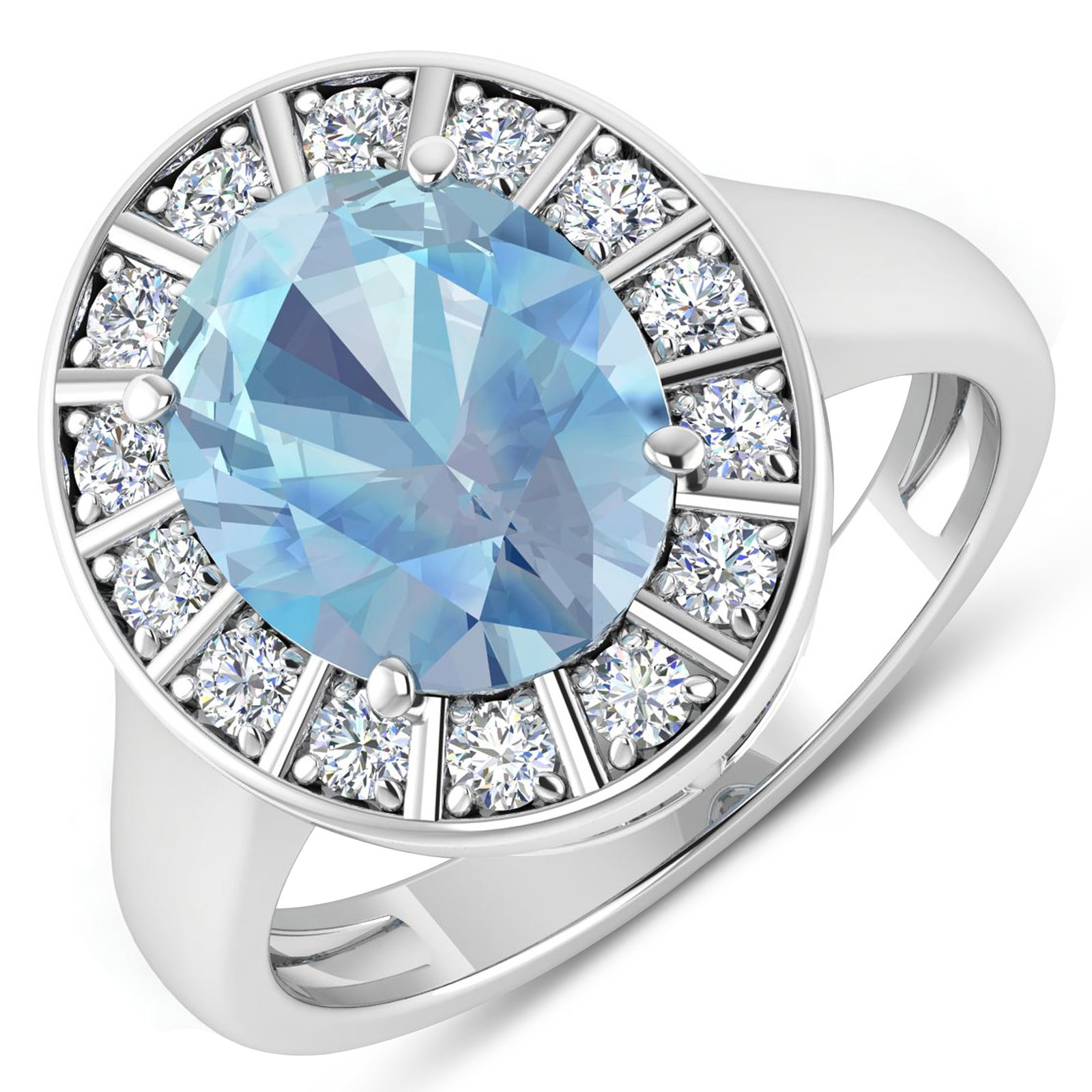 14KT White Gold 2.9ct Aquamarine and Diamond Ring: Aquamarine (AA+) Oval 11x9mm - 1Pc + White Diamond F/C Round 2.00mm - 14Pcs ( Diamond Quality : SI-2/HI ). Total weight of gemstone is 2.9cts. Total weight of Diamonds is 0.42cts. Total weight of this