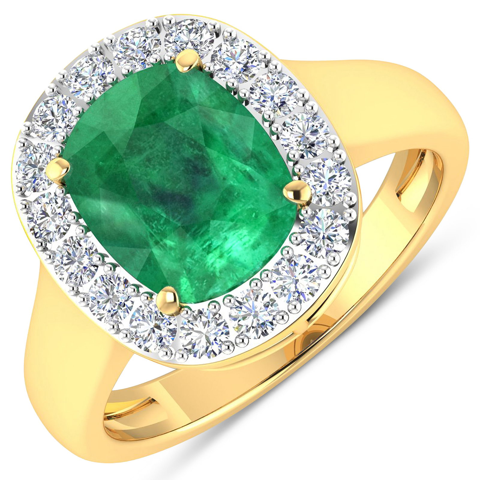 14KT Yellow Gold 2.5ct Zambian Emerald and Diamond Ring: Zambian Emerald (AA) Cushion 10x8mm - 1Pc + White Diamond F/C Round 2.00mm - 17Pcs ( White Pan Rhodium ) ( Diamond Quality : SI-2/HI ). Total weight of gemstone is 2.5cts. Total weight of Diamonds is 
