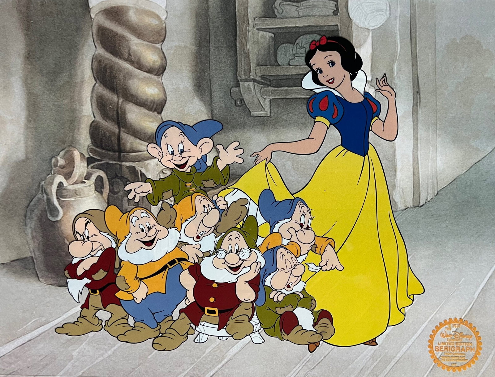DISNEY SNOW WHITE & THE SEVEN DWARFS Sericel Animation Art Serigraph Cel: This is a Disney Limited Edition Serigraph Cel of Snow White and the Seven Dwarfs. Disneys own artists have selected this scene from the original animation drawings used to produce this classic Disney