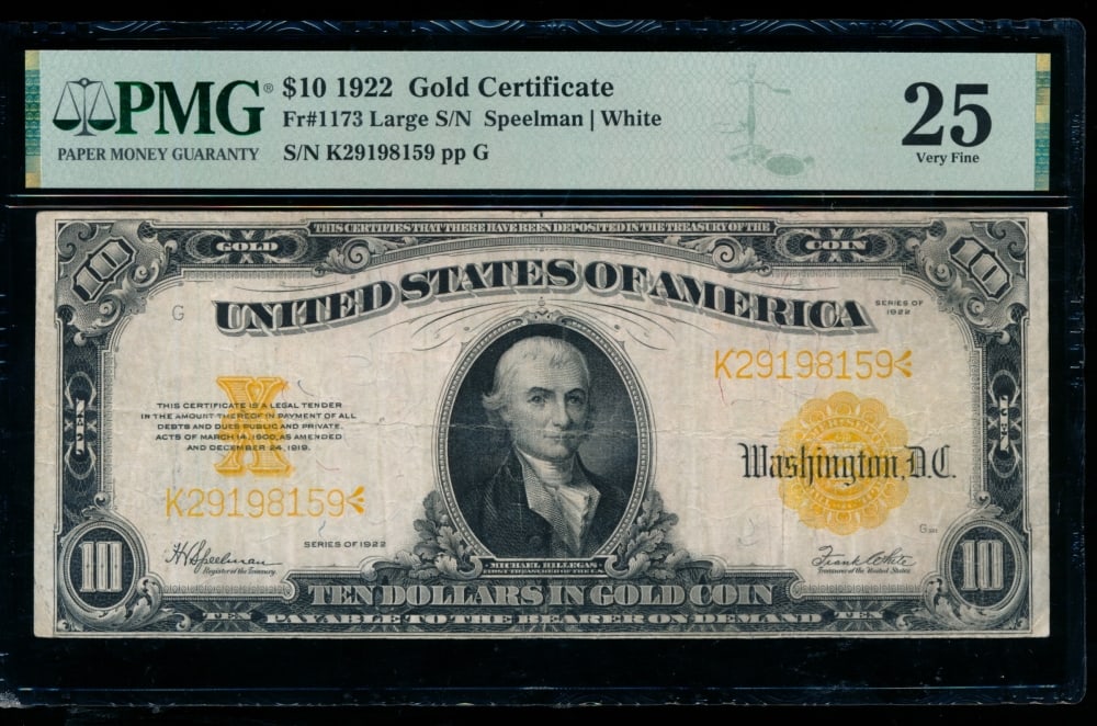 1922 $10 Gold Certificate PMG 25: One 1922 $10 Gold Certificate PMG 25.