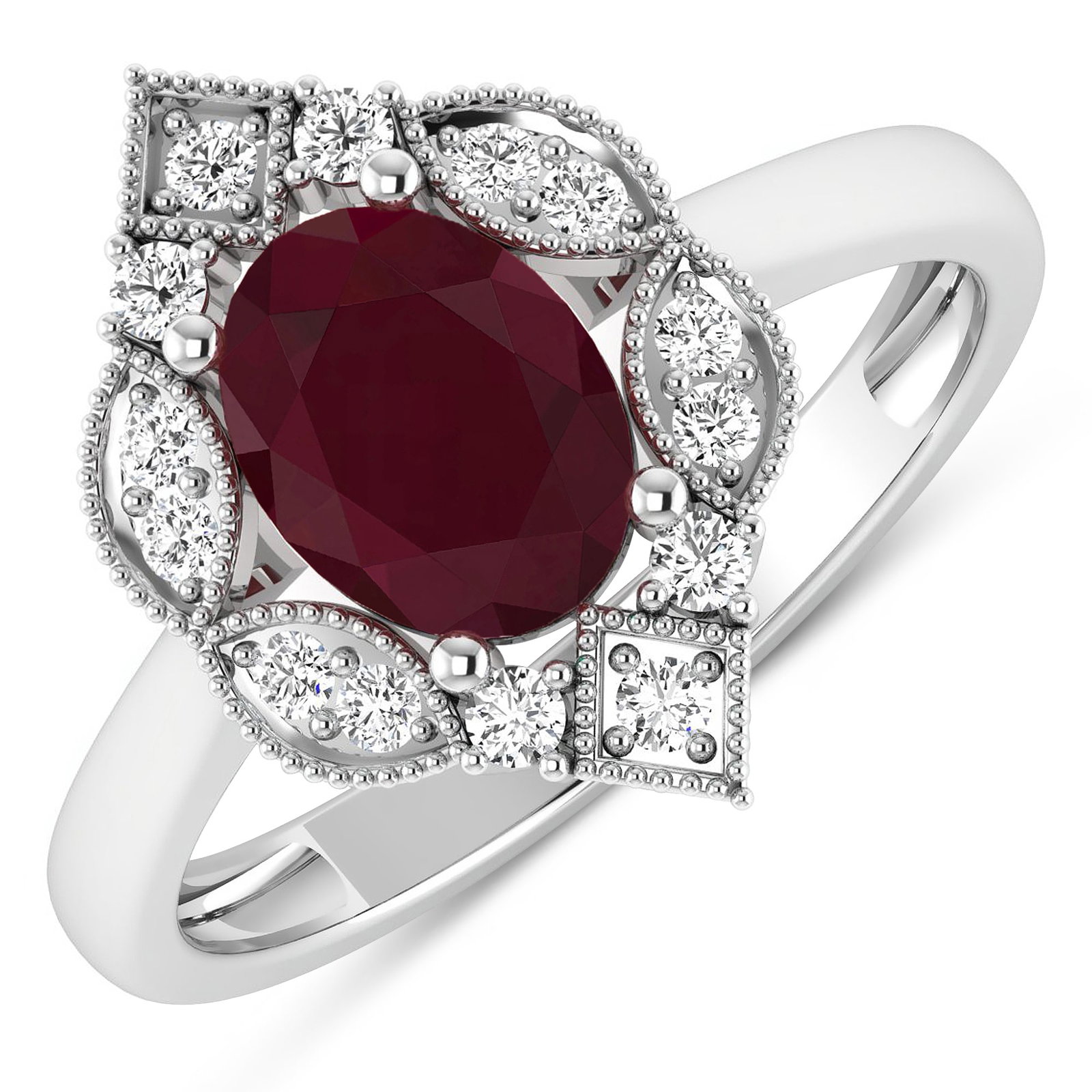 14KT White Gold 1.5ctw Ruby and Diamond Ring: Ruby (AA) Oval 8x6mm - 1Pc + White Diamond F/C Round 1.50mm - 14Pcs ( I1-I2/I color ) Total weight of gemstone is 1.5cts. Total Diamond weight is 0.2cts. Total weight of this ring is 2.54 grams. Ring 