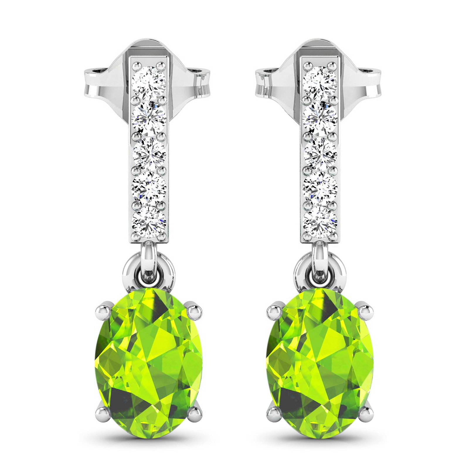 14KT White Gold 1.26ctw Peridot Topaz and Diamond Earrings: Peridot Oval 7x5mm - 2Pcs + White Diamond F/C Round 1.50mm - 10Pcs ( Push-Post ) ( I1-I2/I color ) Total weight of gemstones is 1.26cts. Total Diamond weight is 0.14cts. Total weight of these earrings