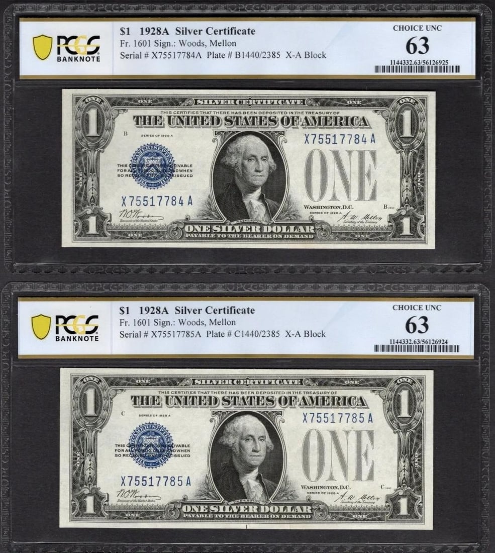 2 Consecutive 1928A $1 Silver Certificates PCGS 63 (1 of 2)